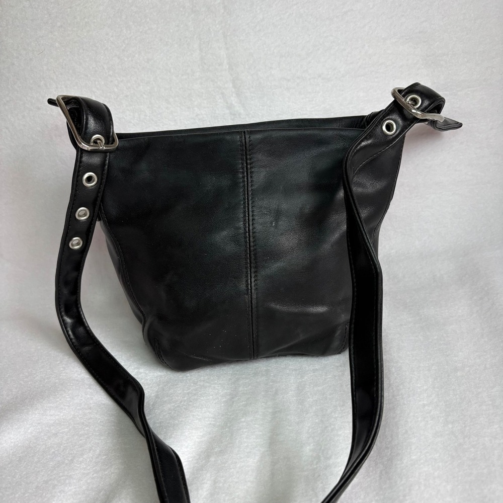 Black Leather Crossbody Bag Adjustable Buckle Strap Small Bucket Shoulder Bag
